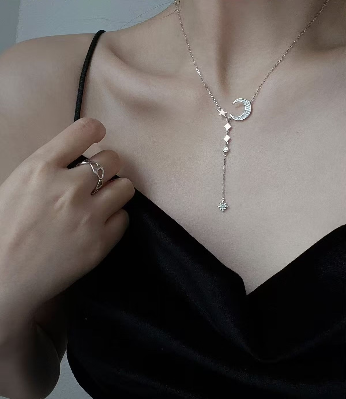 925 Sterling Silver Moon & Star Drop Necklace