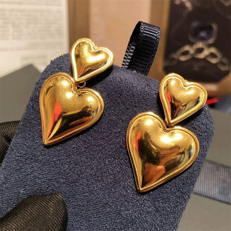 Pendientes de corazón a corazón de acero inoxidable de doble corazón