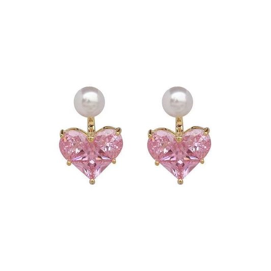 Pendientes de Perla y Circonita Cúbica de Corazón Rosa