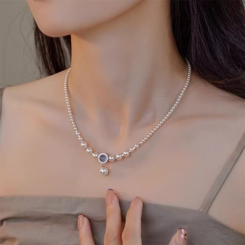 Collar de plata de ley 925 con perlas de imitación y aguamarina natural
