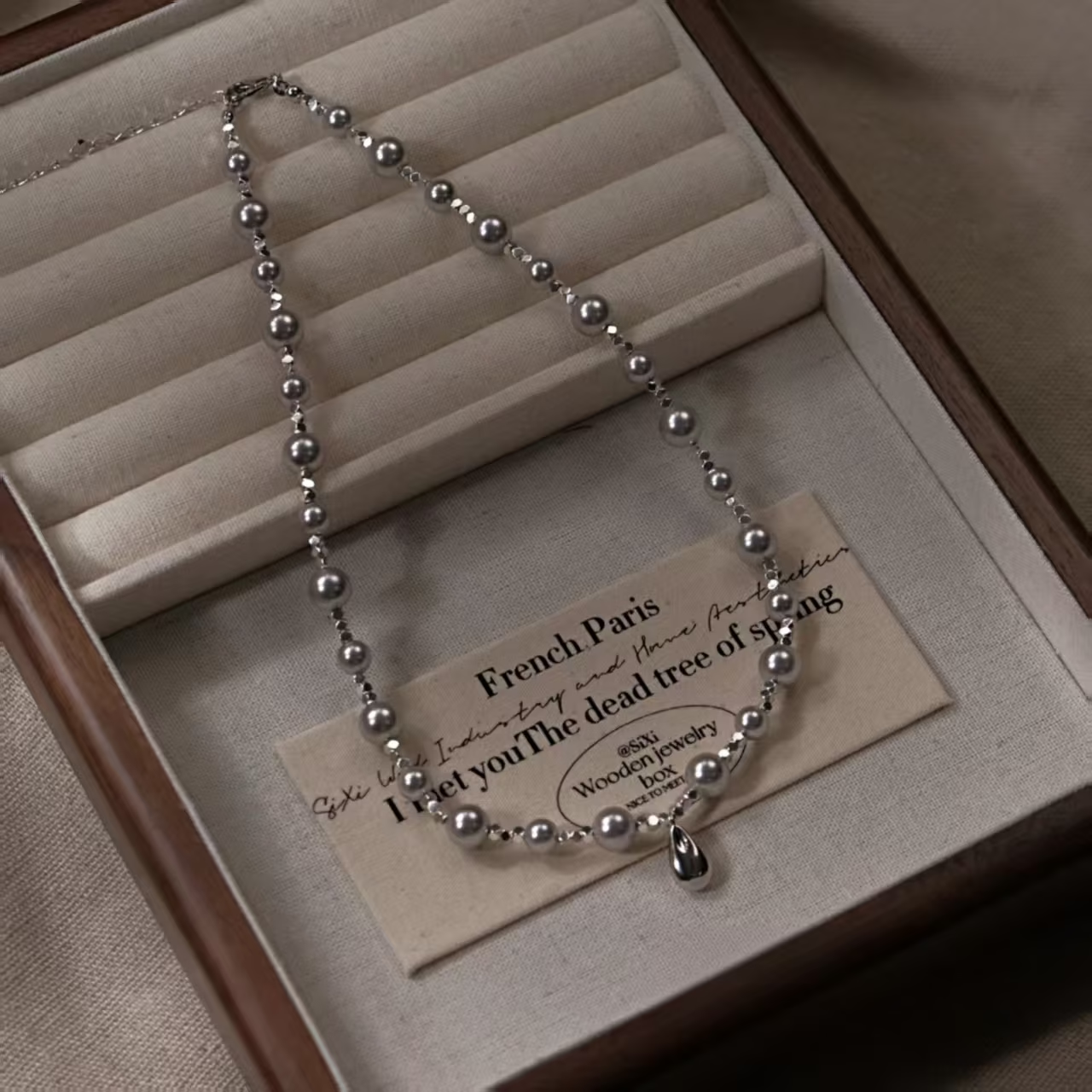 Collar de plata de ley 925 con perlas de imitación grises