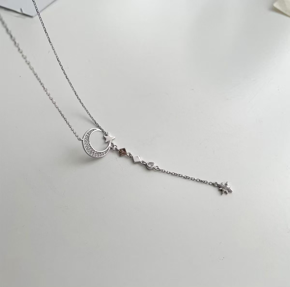 925 Sterling Silver Moon & Star Drop Necklace