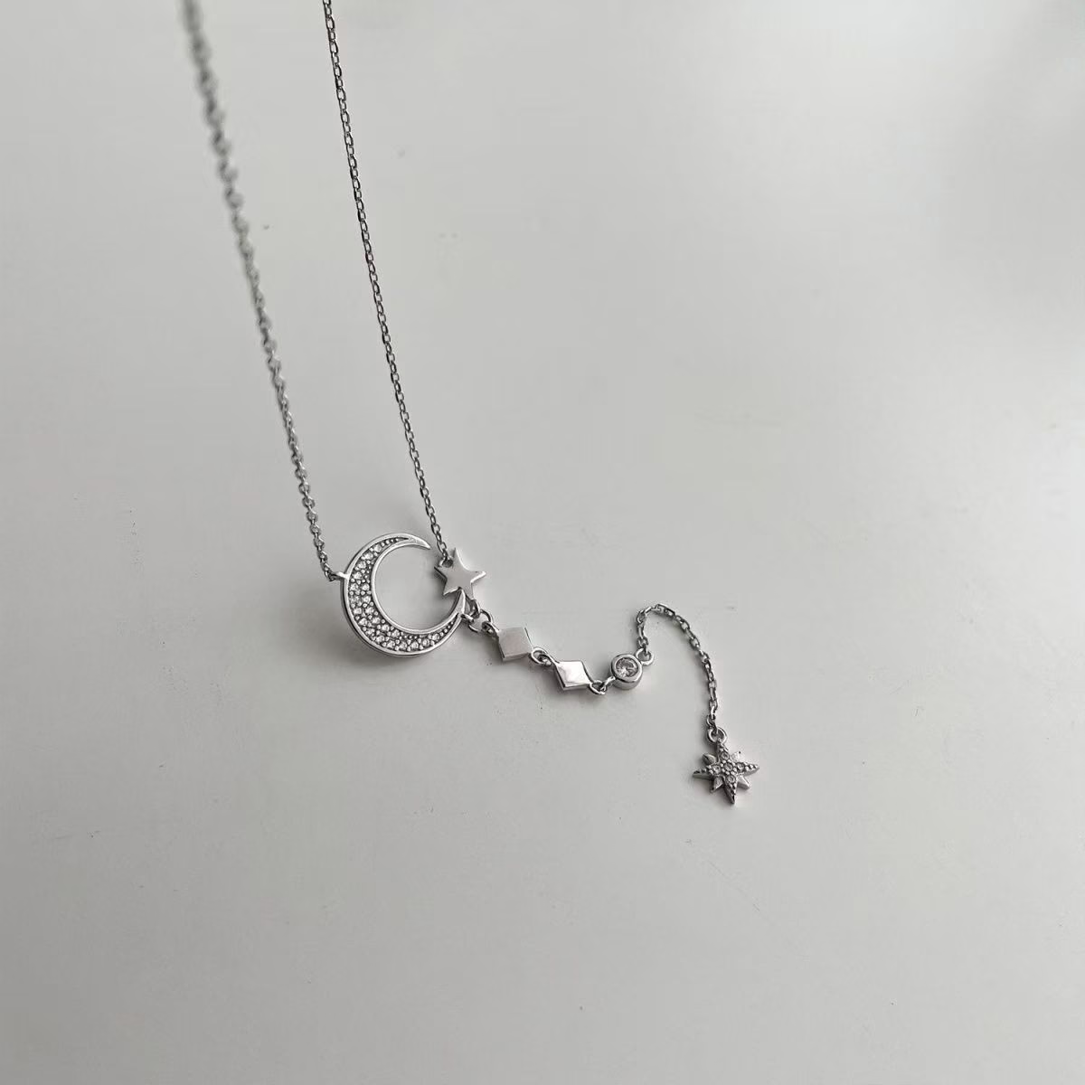 925 Sterling Silver Moon & Star Drop Necklace