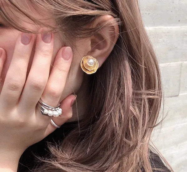 Double-Layer Petal Pearl Stud Earrings